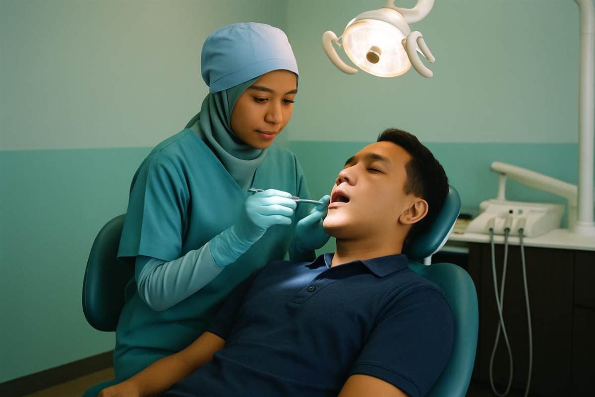 Dokter gigi memeriksa pasien di kursi dental SATSETKLINIKGIGI
